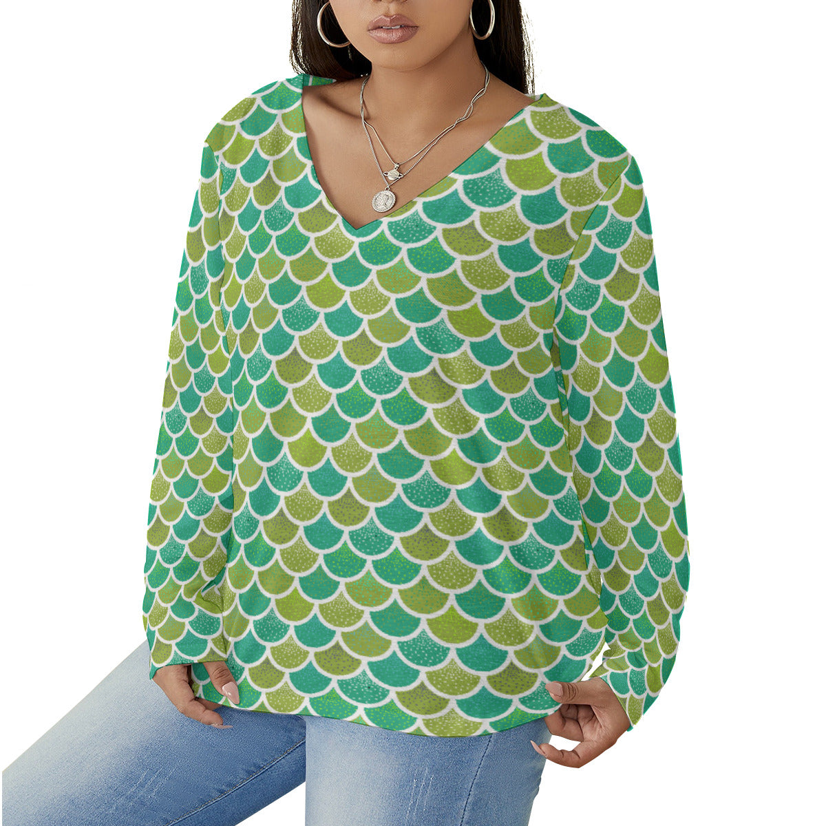 Mermaid Scales Women's Plus Size V-Neck T-Shirt With Curved Hem