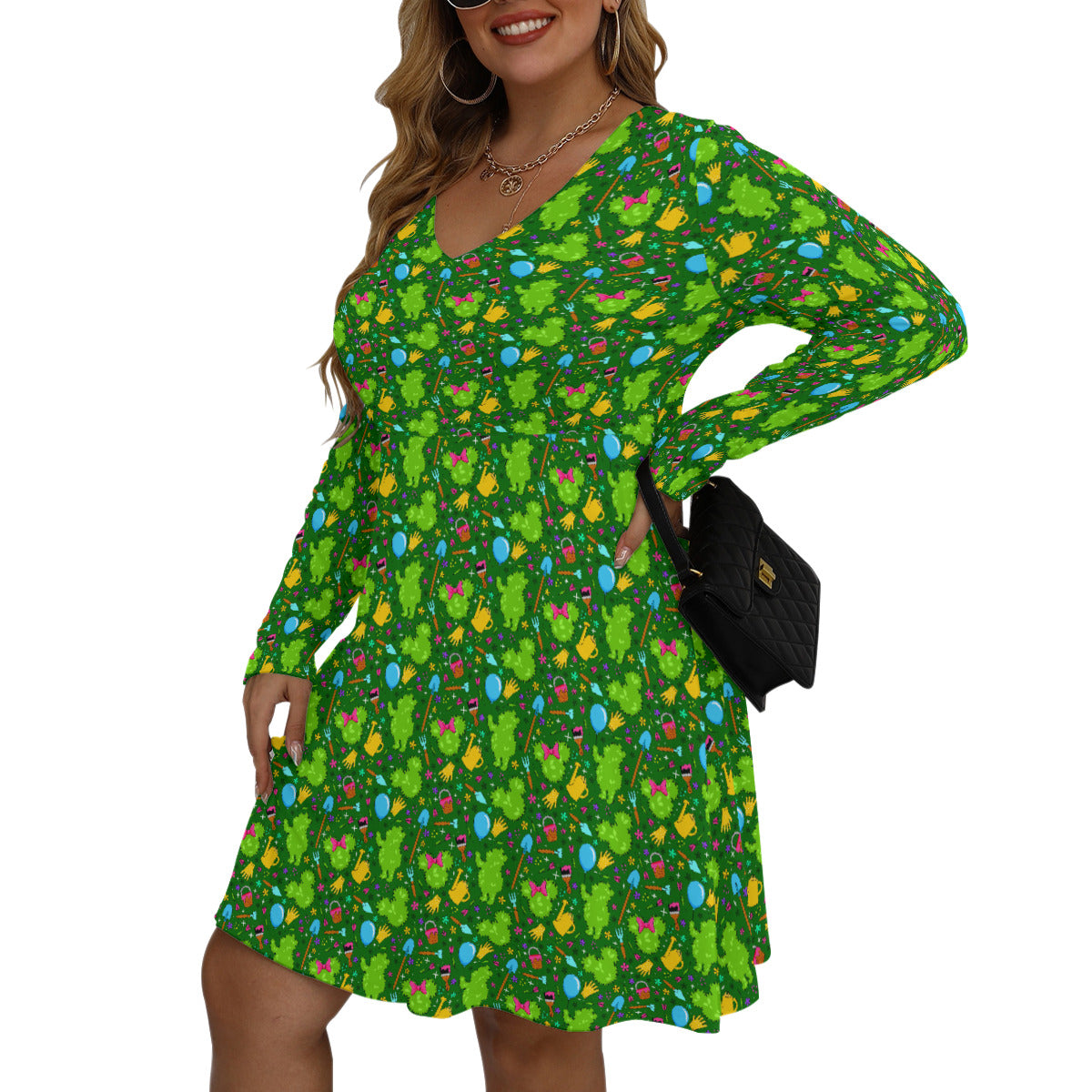 Flower And Garden Plus Size Women's V-neck Long Sleeve Dress