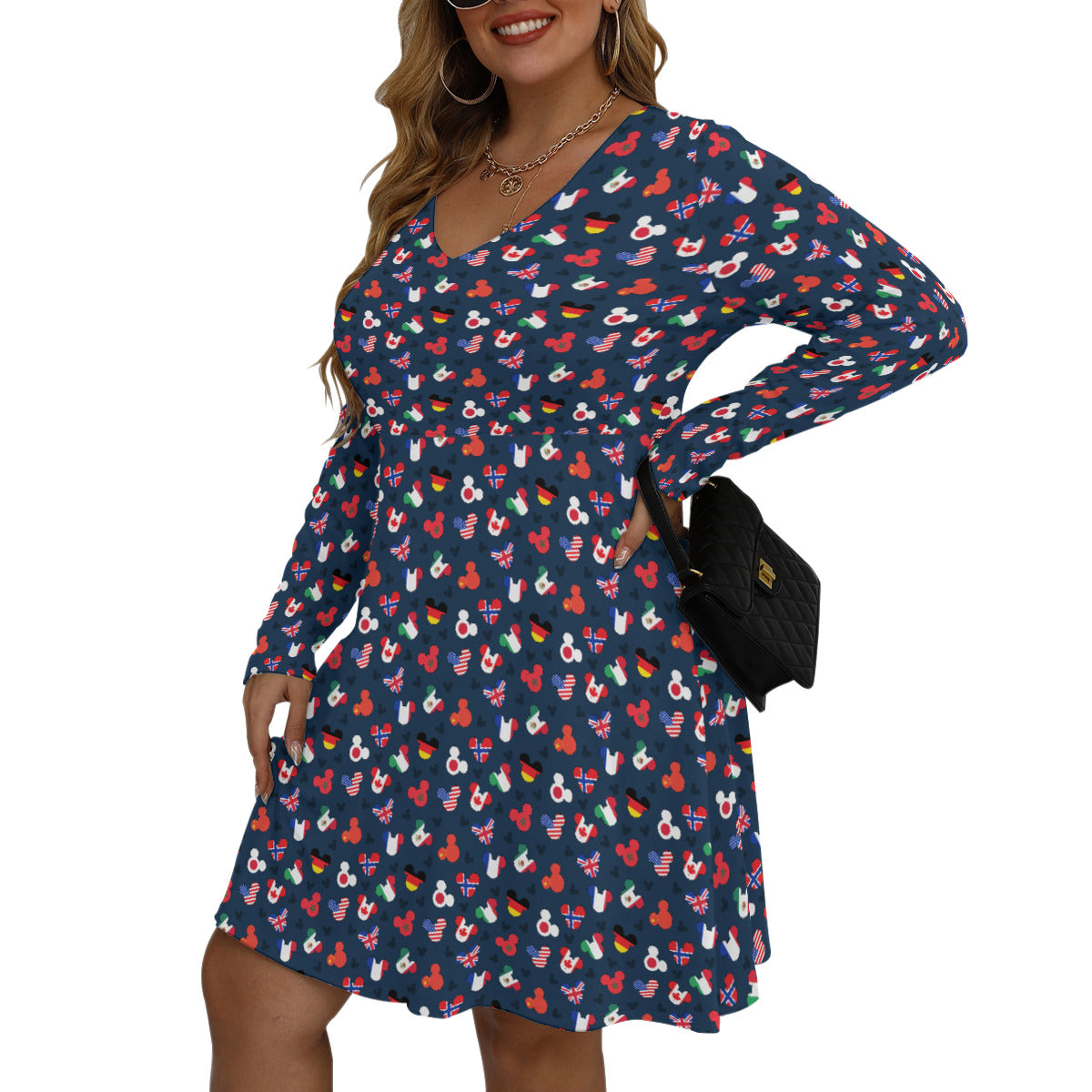 Mickey Flags Plus Size Women's V-neck Long Sleeve Dress