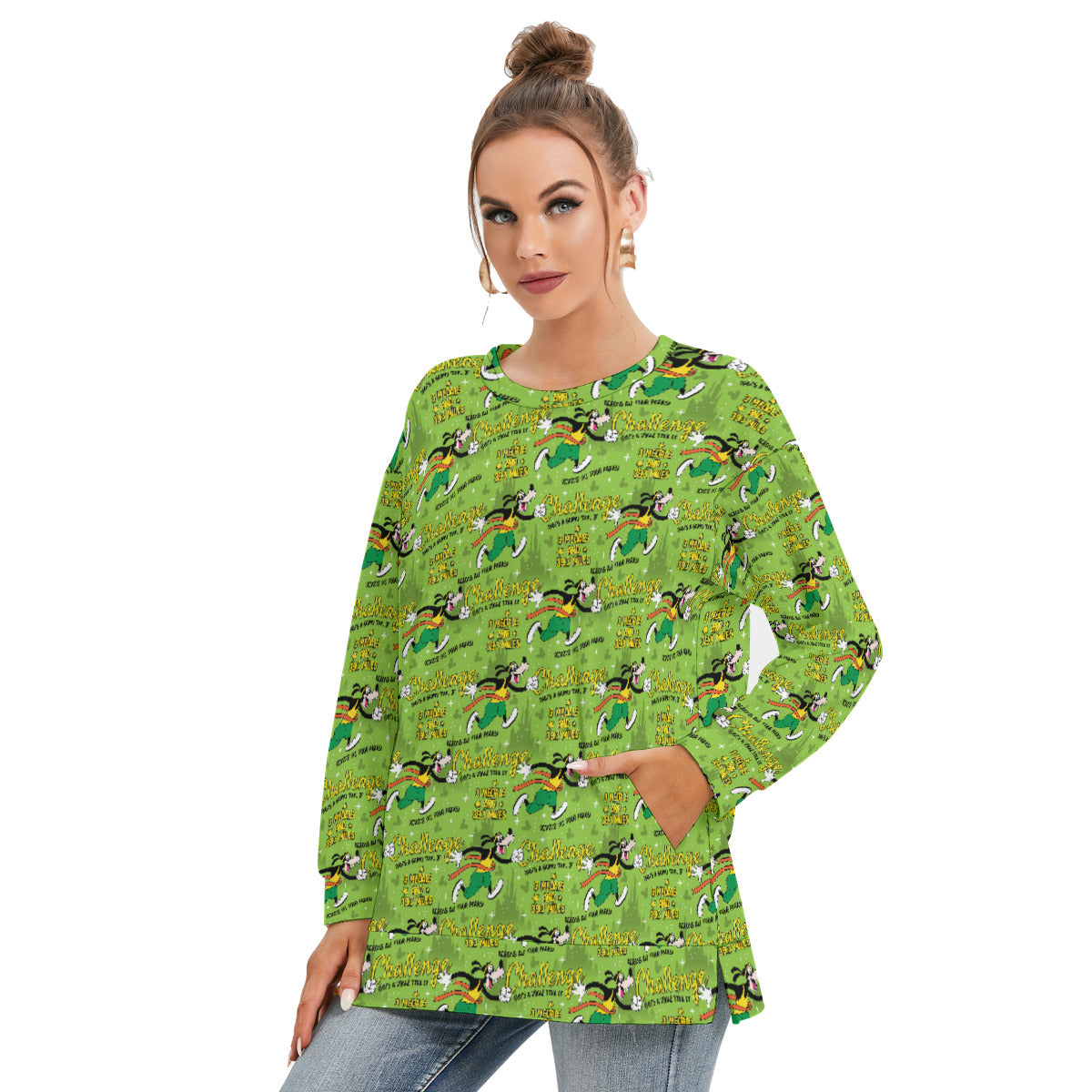 Goofy Challenge Women's Side Split O-neck Sweatshirt With Pockets