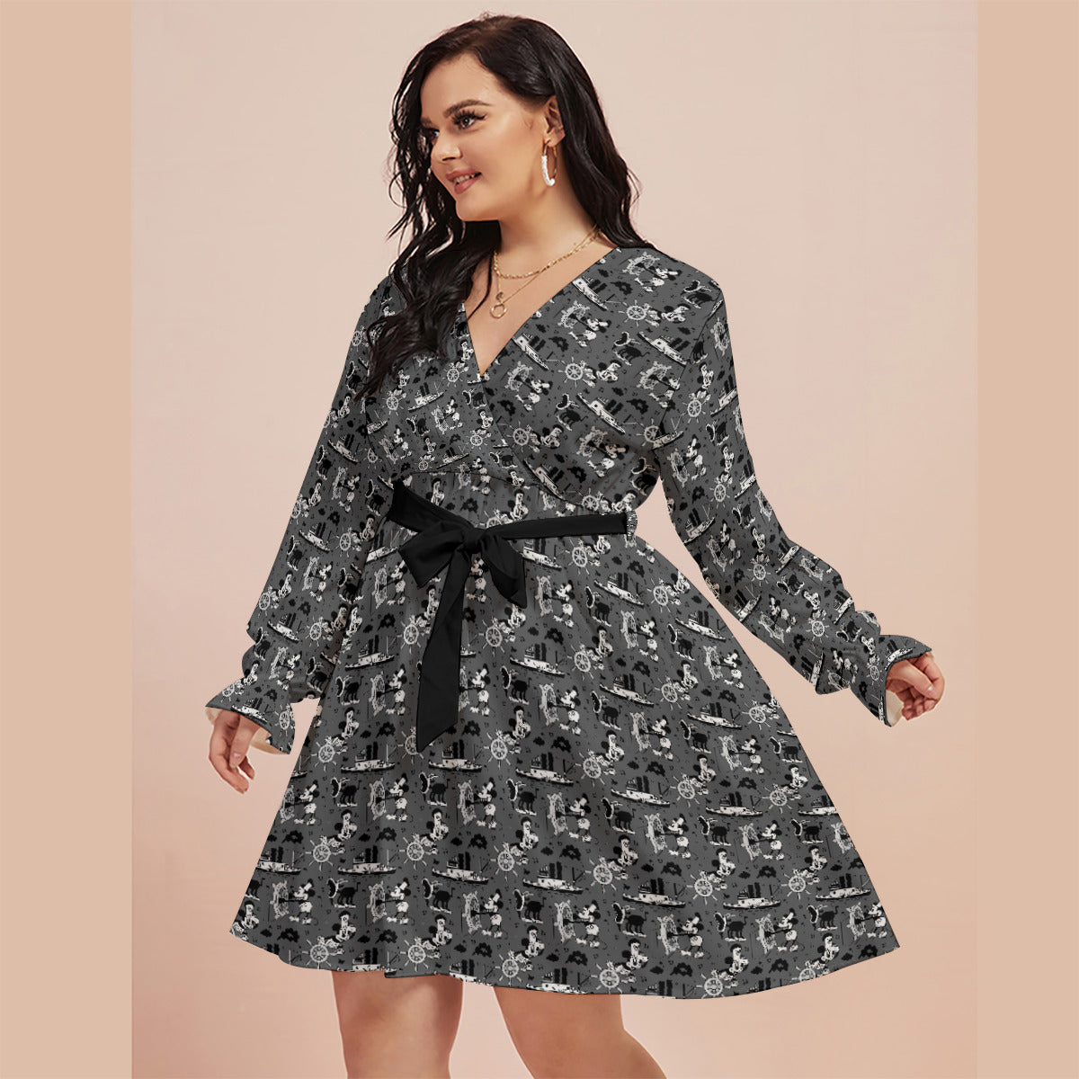 Steamboat Mickey Women's Plus Size V-neck Dress With Waistband