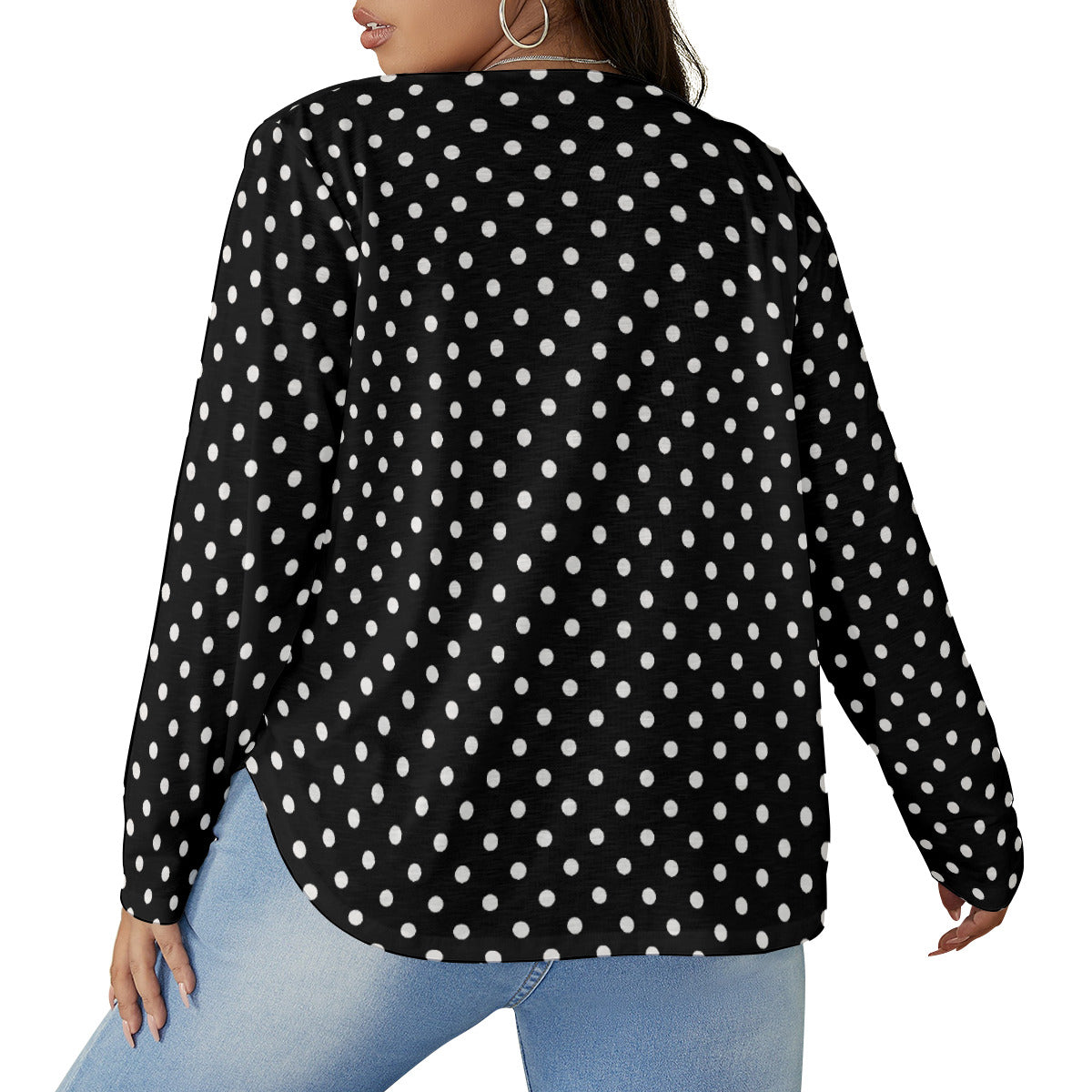 Black With White Polka Dots Women's Plus Size V-Neck T-Shirt With Curved Hem