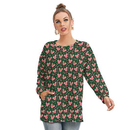 Christmas Peppermint Women's Side Split O-neck Sweatshirt With Pockets