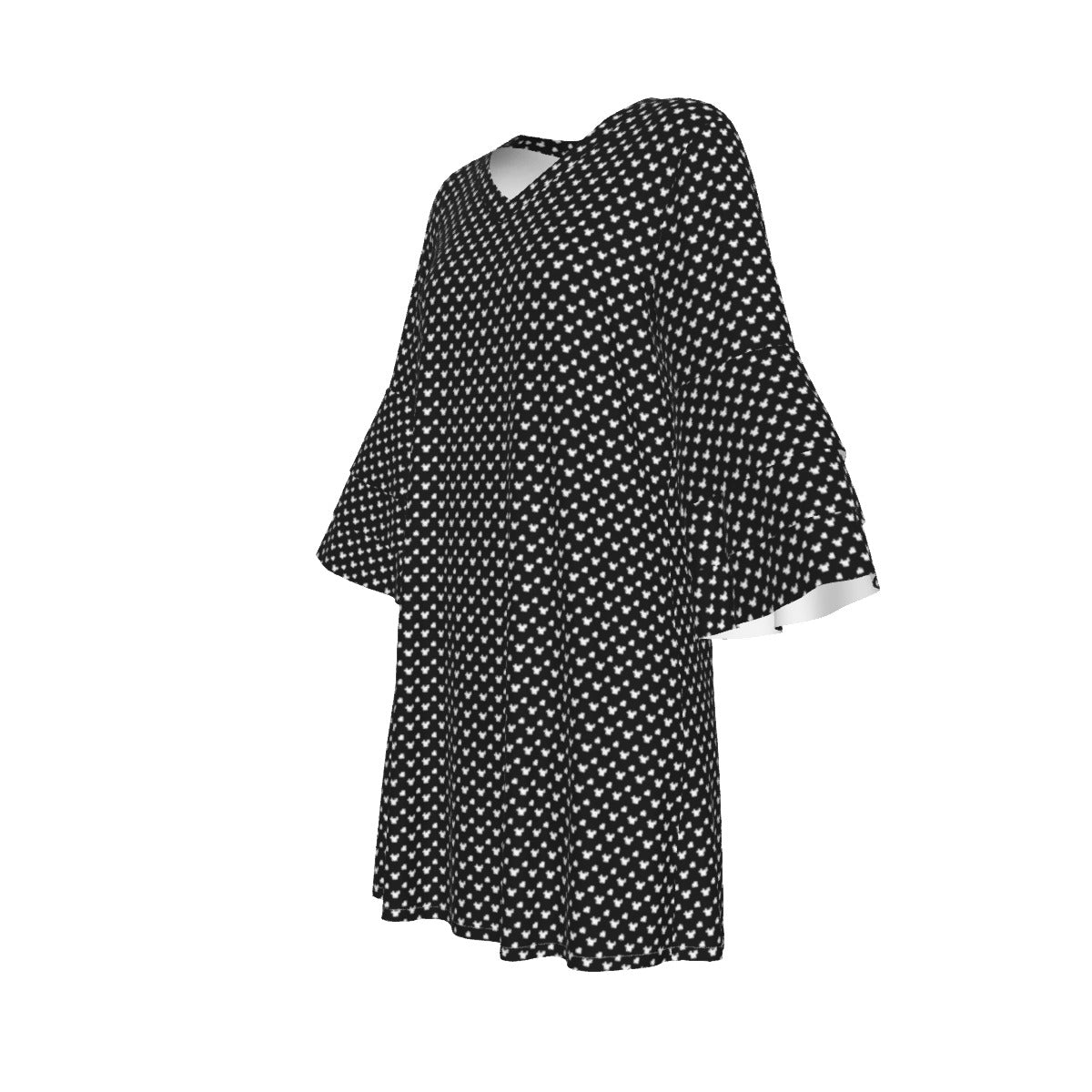 Black With White Mickey Polka Dots Women's Stacked Ruffle Sleeve Dress