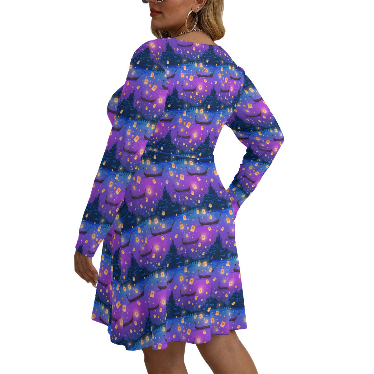 Floating Lanterns Plus Size Women's V-neck Long Sleeve Dress