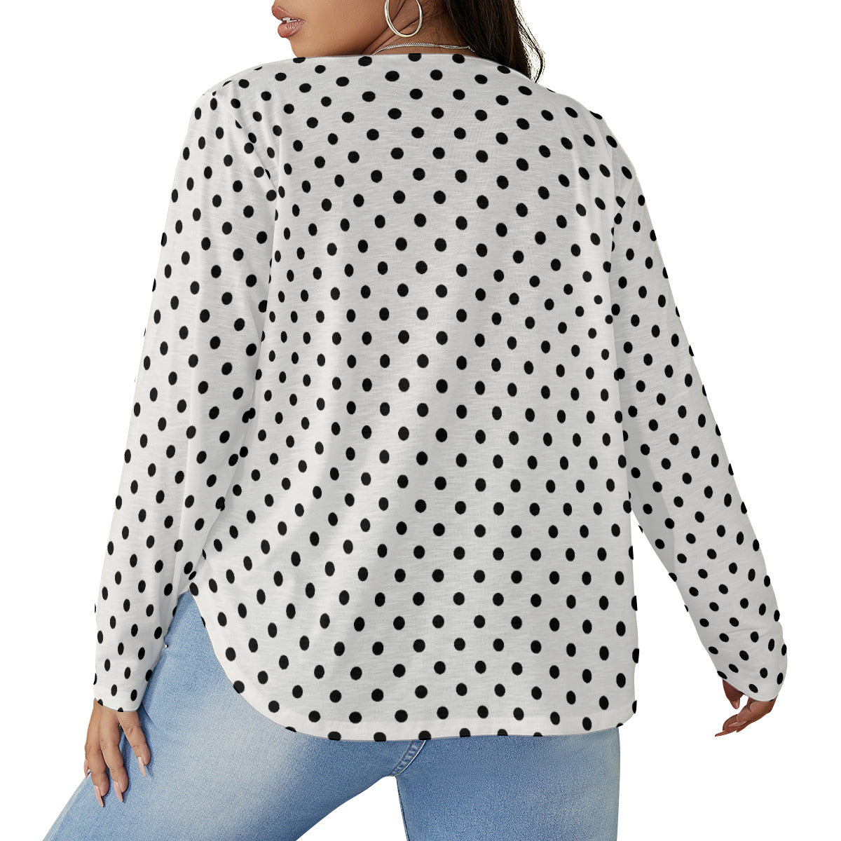 White With Black Polka Dots Women's Plus Size V-Neck T-Shirt With Curved Hem