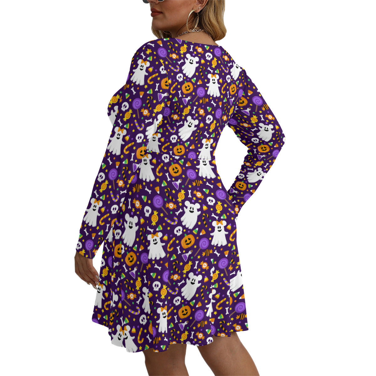 Mickey And Minnie Ghosts Plus Size Women's V-neck Long Sleeve Dress