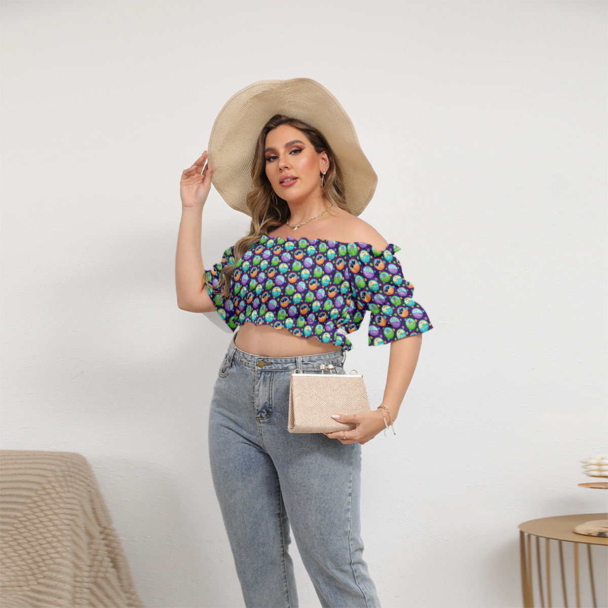 Button Collector Women's Off-Shoulder Cropped Top With Short Puff Sleeve