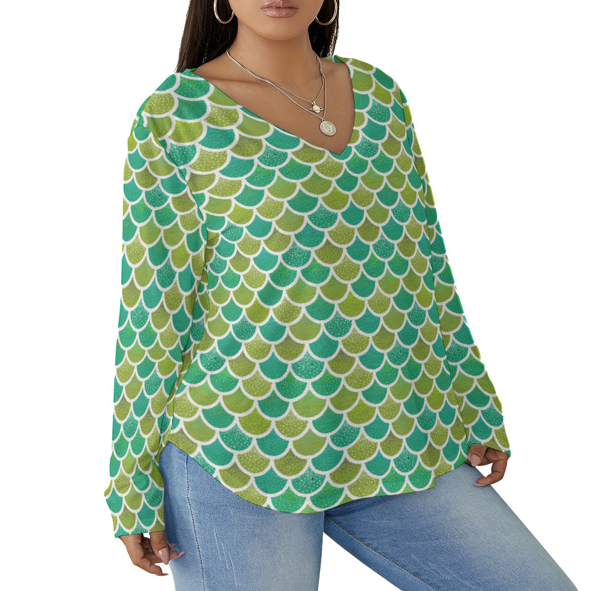 Mermaid Scales Women's Plus Size V-Neck T-Shirt With Curved Hem