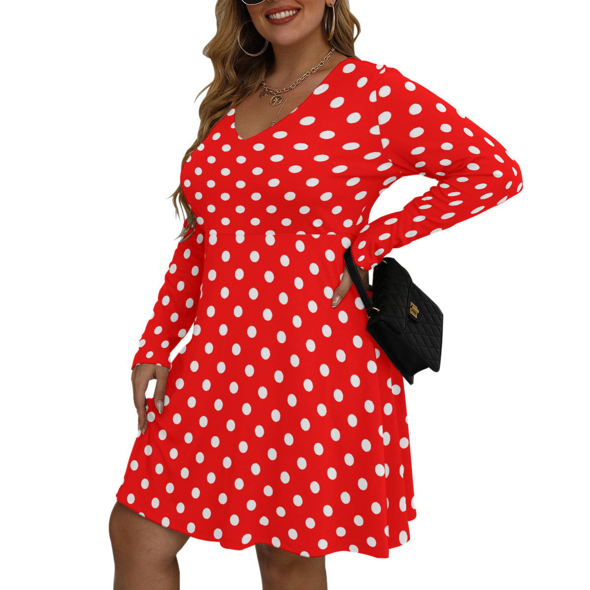 Red With White Polka Dots Plus Size Women's V-neck Long Sleeve Dress