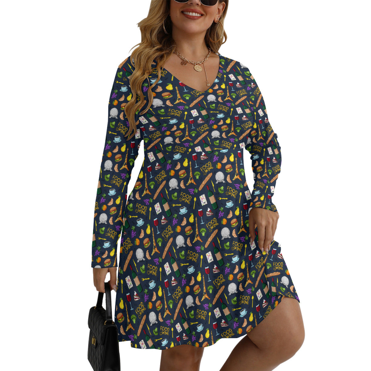 Food & Wine Plus Size Women's V-neck Long Sleeve Dress