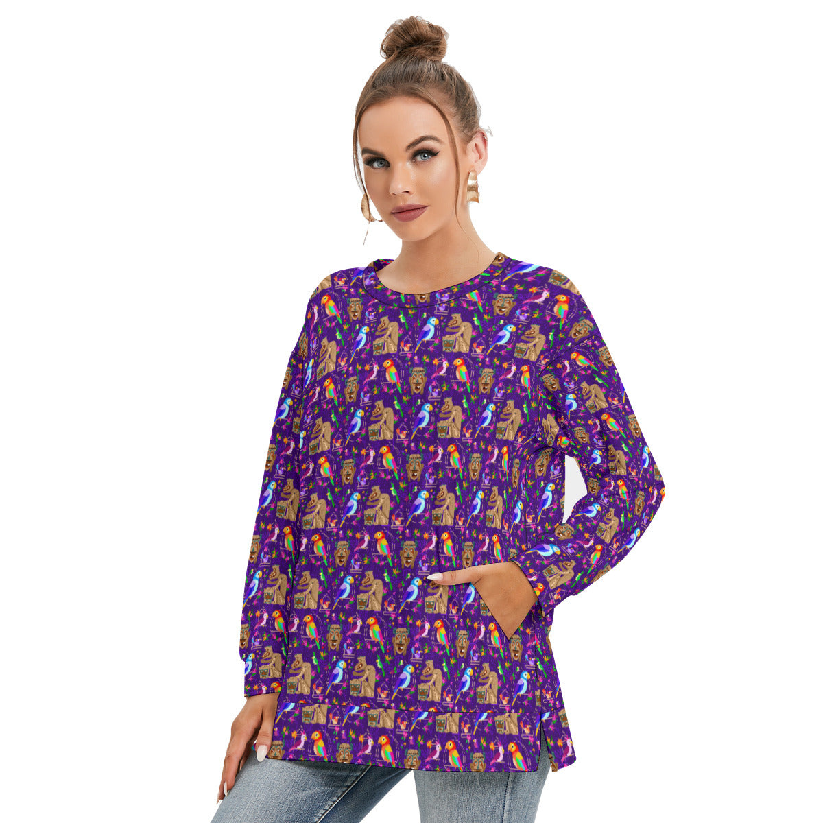 Tiki Plays The Drums Women's Side Split O-neck Sweatshirt With Pockets