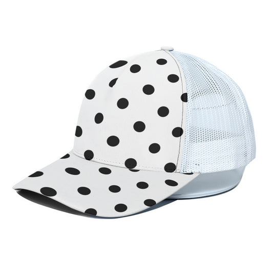 White With Black Polka Dots Unisex Trucker Hat With White Half Mesh