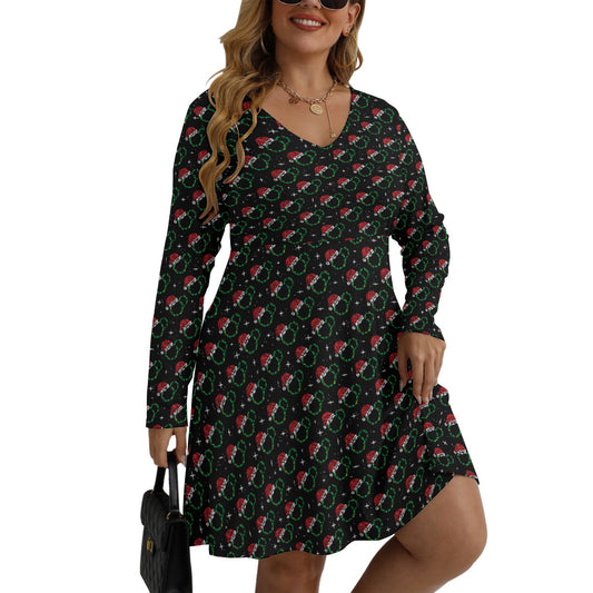 Christmas Plus Size Women's V-neck Long Sleeve Dress