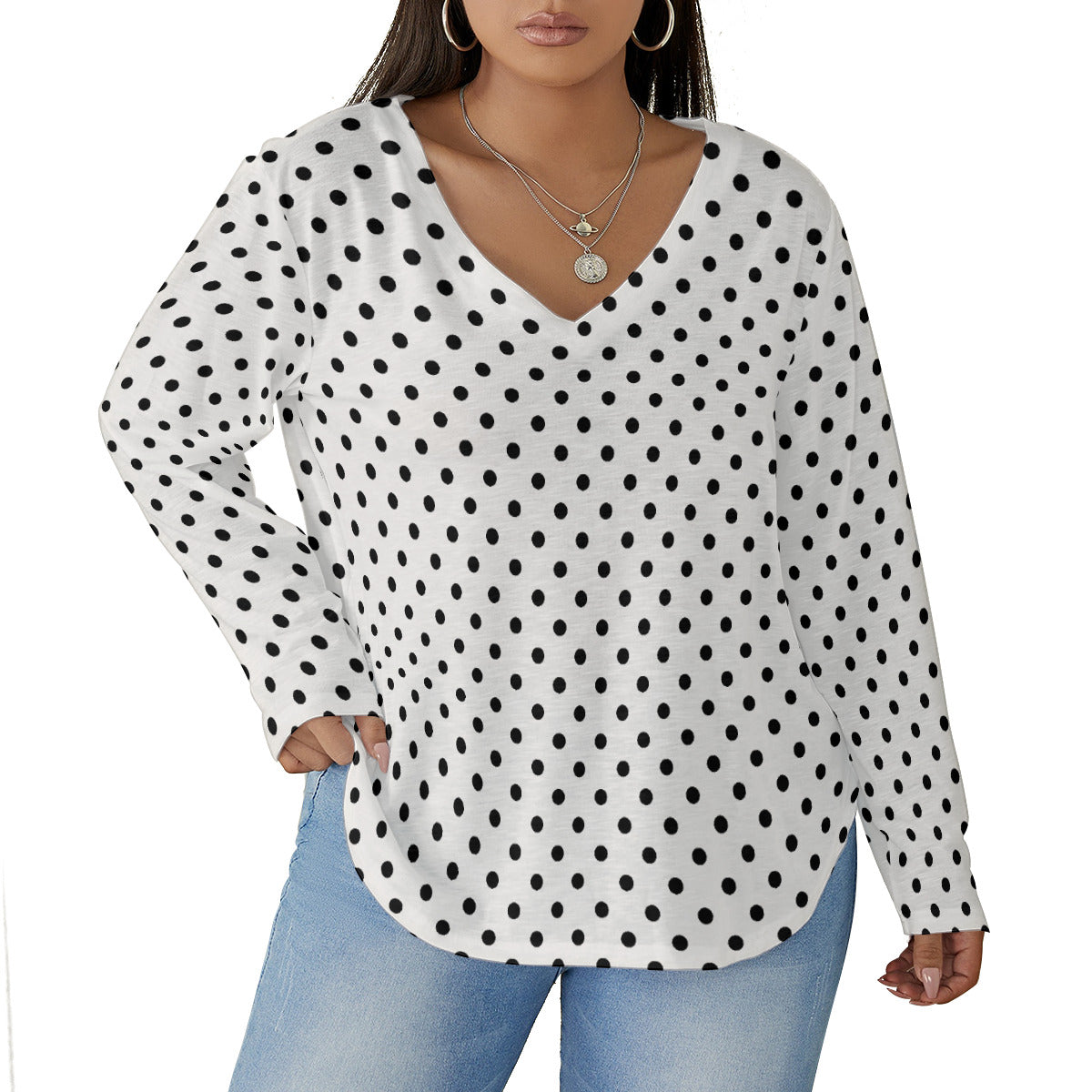 White With Black Polka Dots Women's Plus Size V-Neck T-Shirt With Curved Hem