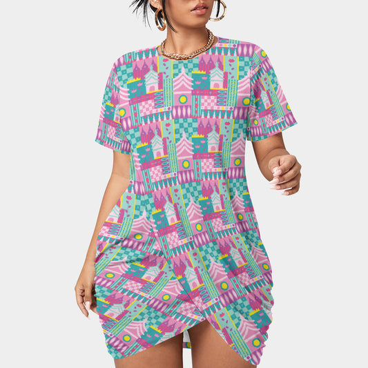 Small World Women’s Plus Size Stacked Hem Dress With Short Sleeve