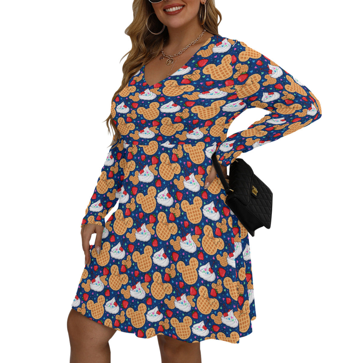 Waffles Plus Size Women's V-neck Long Sleeve Dress