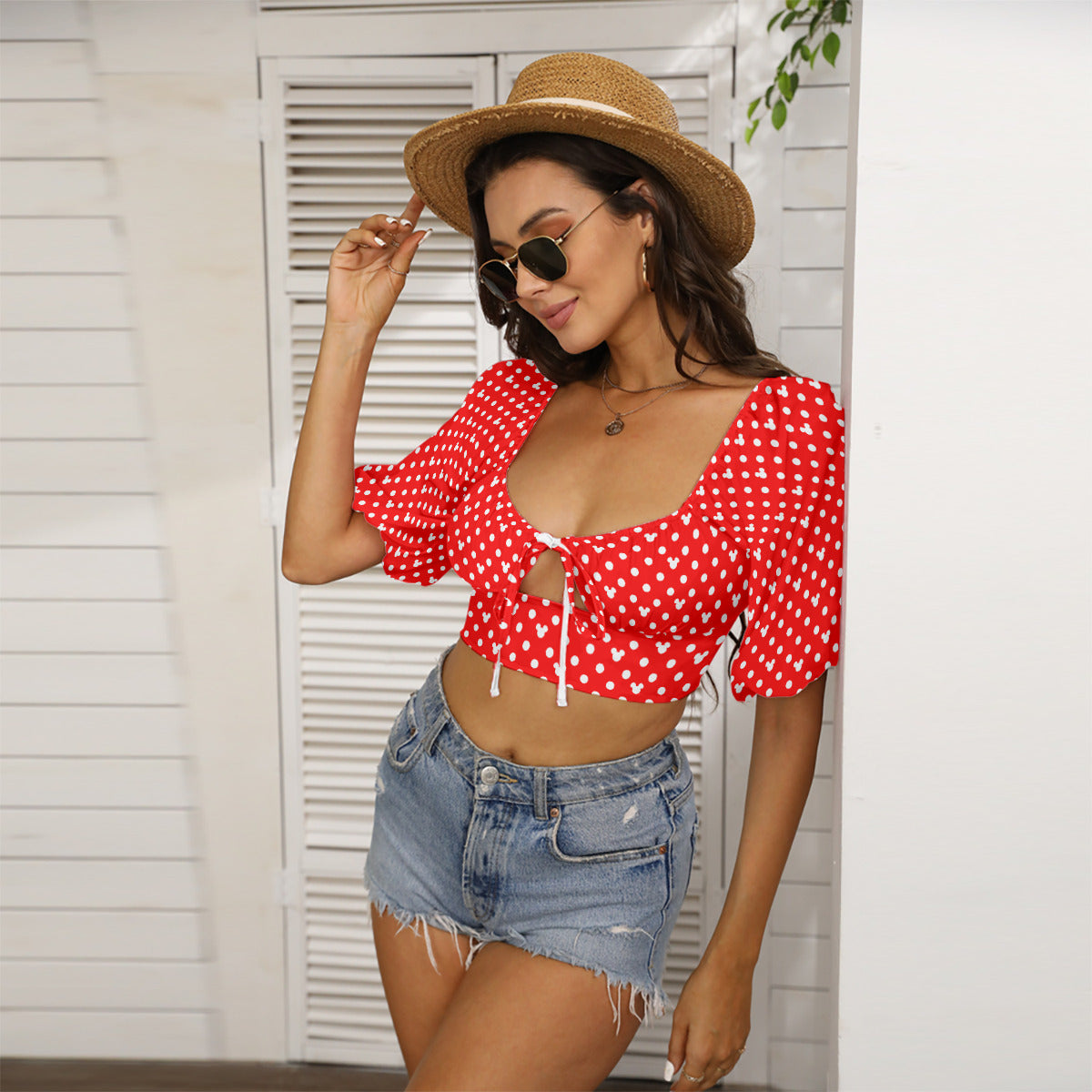 Red With White Mickey Polka Dots Women's Square Collar Cropped Top With Puff Sleeve