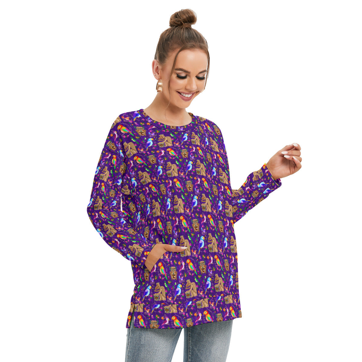 Tiki Plays The Drums Women's Side Split O-neck Sweatshirt With Pockets