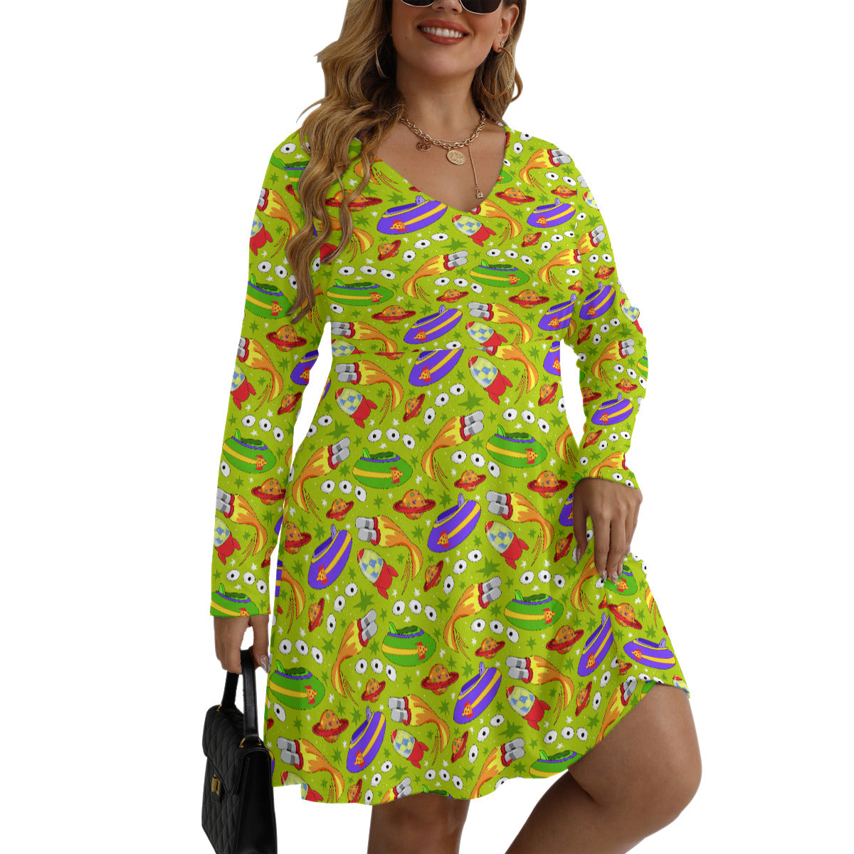 Aliens Plus Size Women's V-neck Long Sleeve Dress