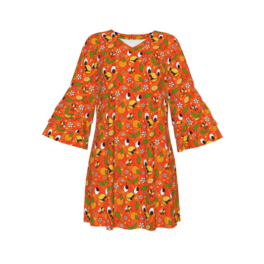 Orange Bird Women's Stacked Ruffle Sleeve Dress