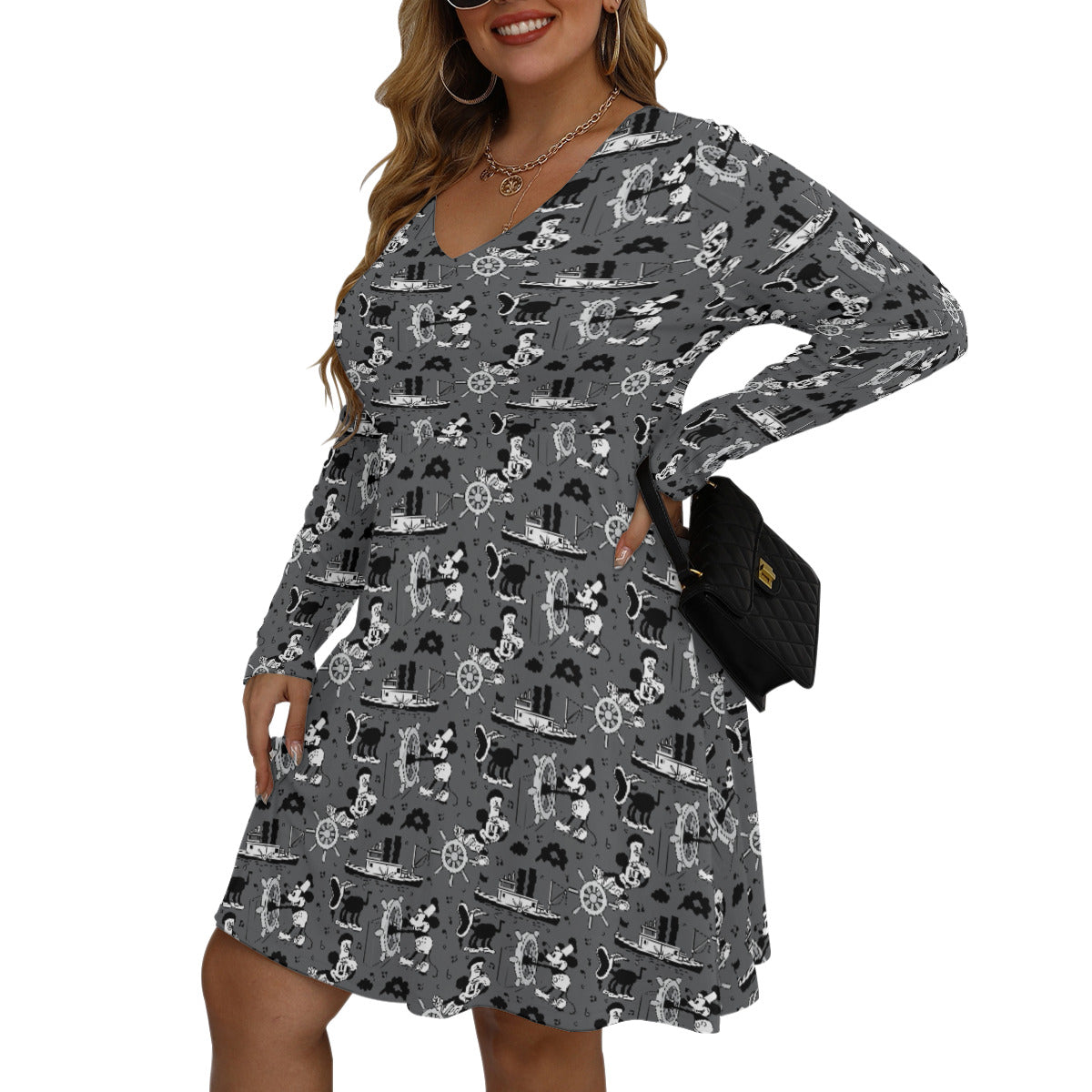 Steamboat Mickey Plus Size Women's V-neck Long Sleeve Dress