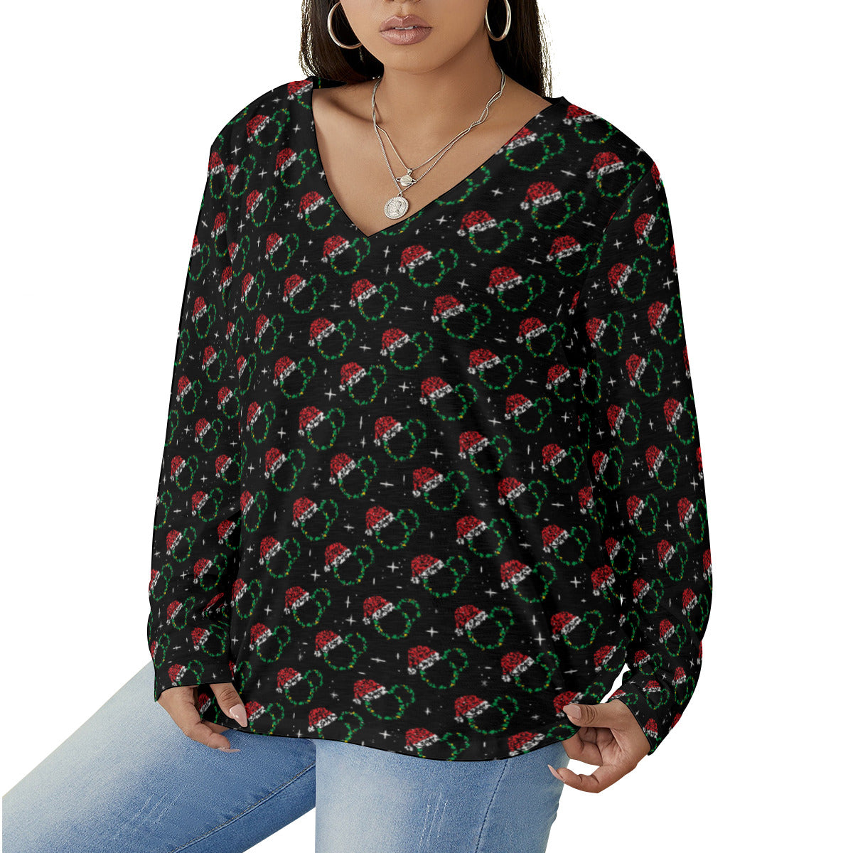 Christmas Women's Plus Size V-Neck T-Shirt With Curved Hem