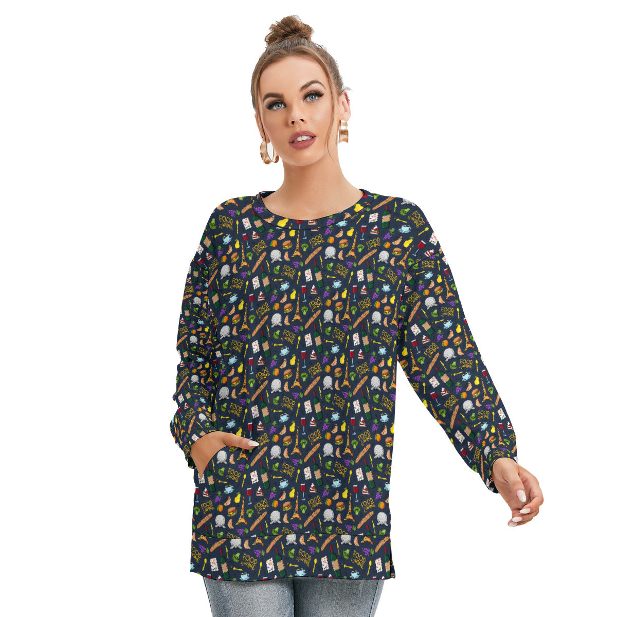 Food & Wine Women's Side Split O-neck Sweatshirt With Pockets