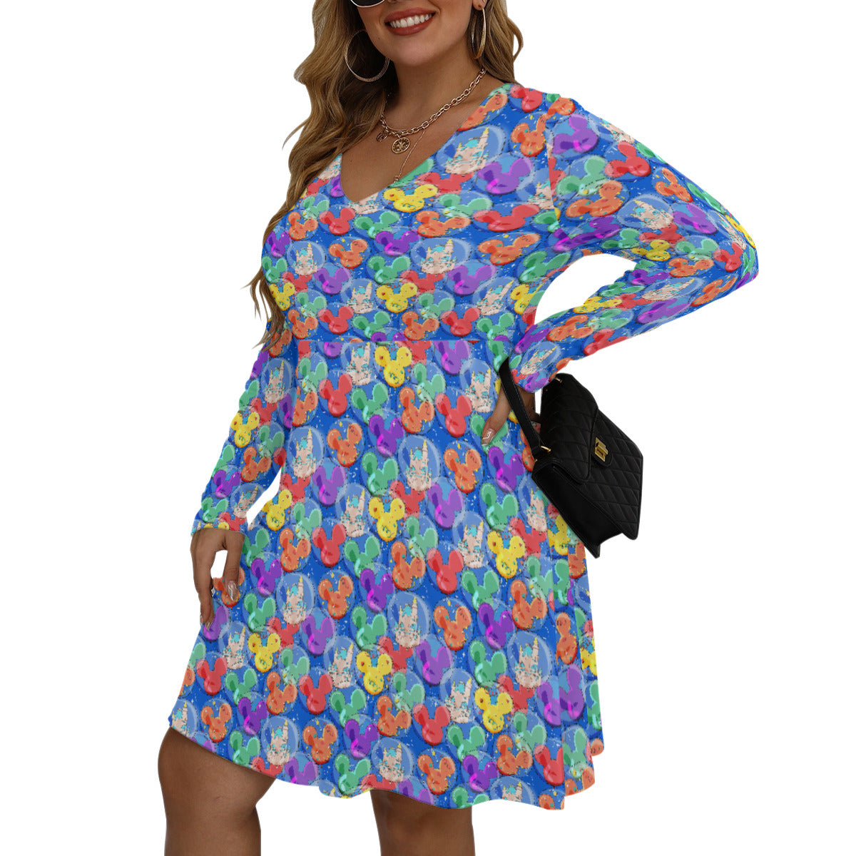 Balloon Collector Plus Size Women's V-neck Long Sleeve Dress