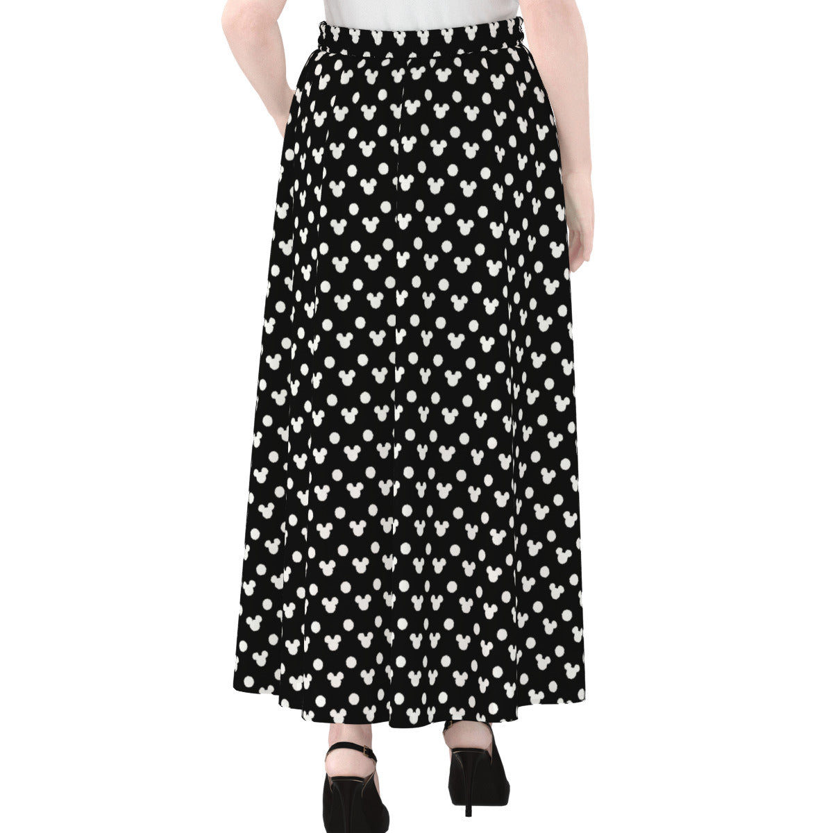 Black With White Mickey Polka Dots Women's Maxi Chiffon Skirt