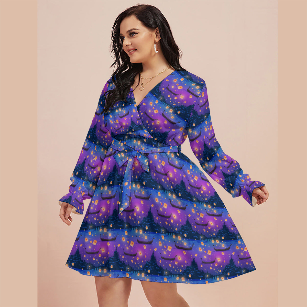 Floating Lanterns Women's Plus Size V-neck Dress With Waistband