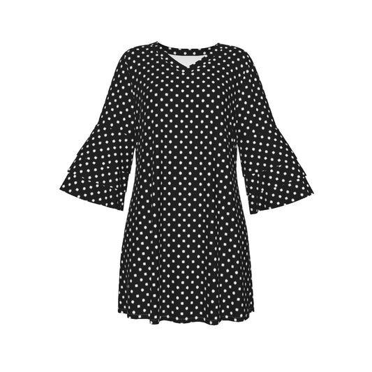 Black With White Polka Dots Women's Stacked Ruffle Sleeve Dress