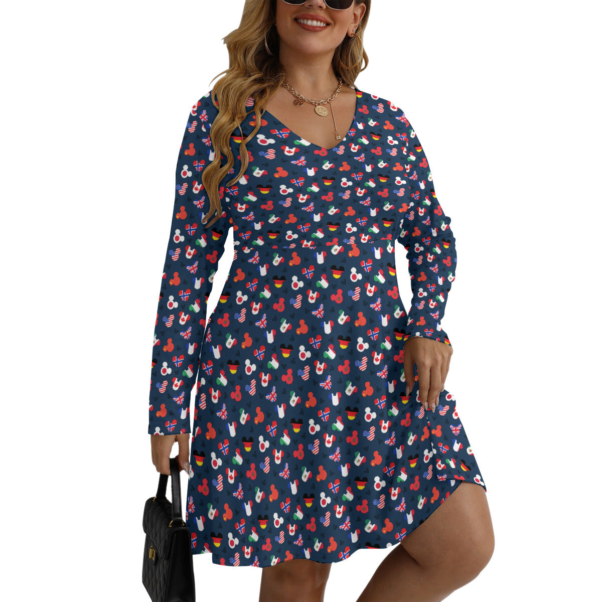 Mickey Flags Plus Size Women's V-neck Long Sleeve Dress