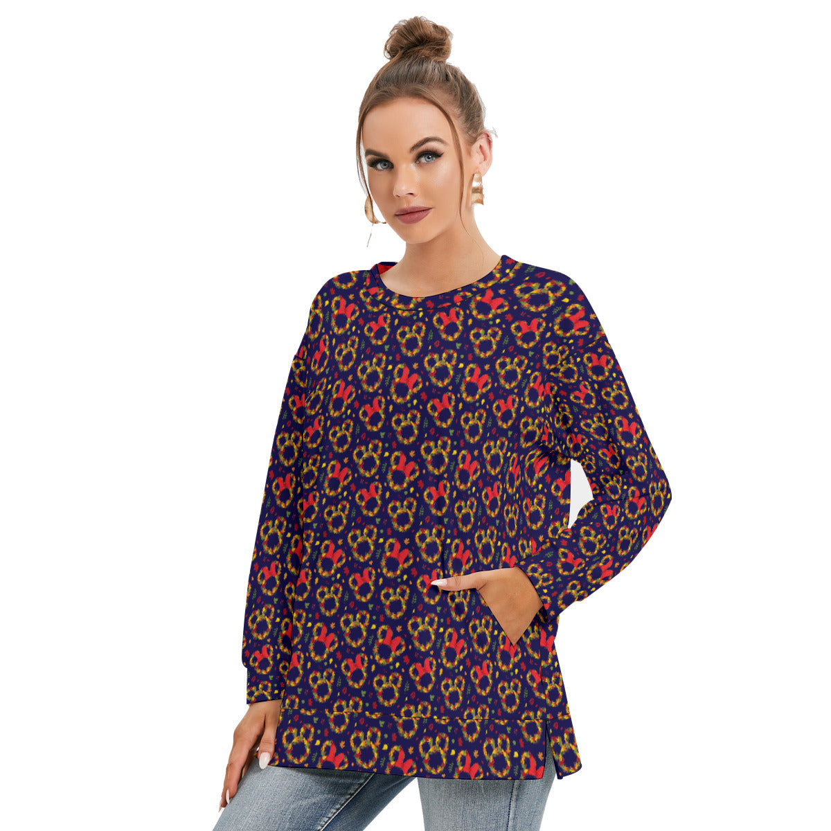 Fall Leaves Women's Side Split O-neck Sweatshirt With Pockets