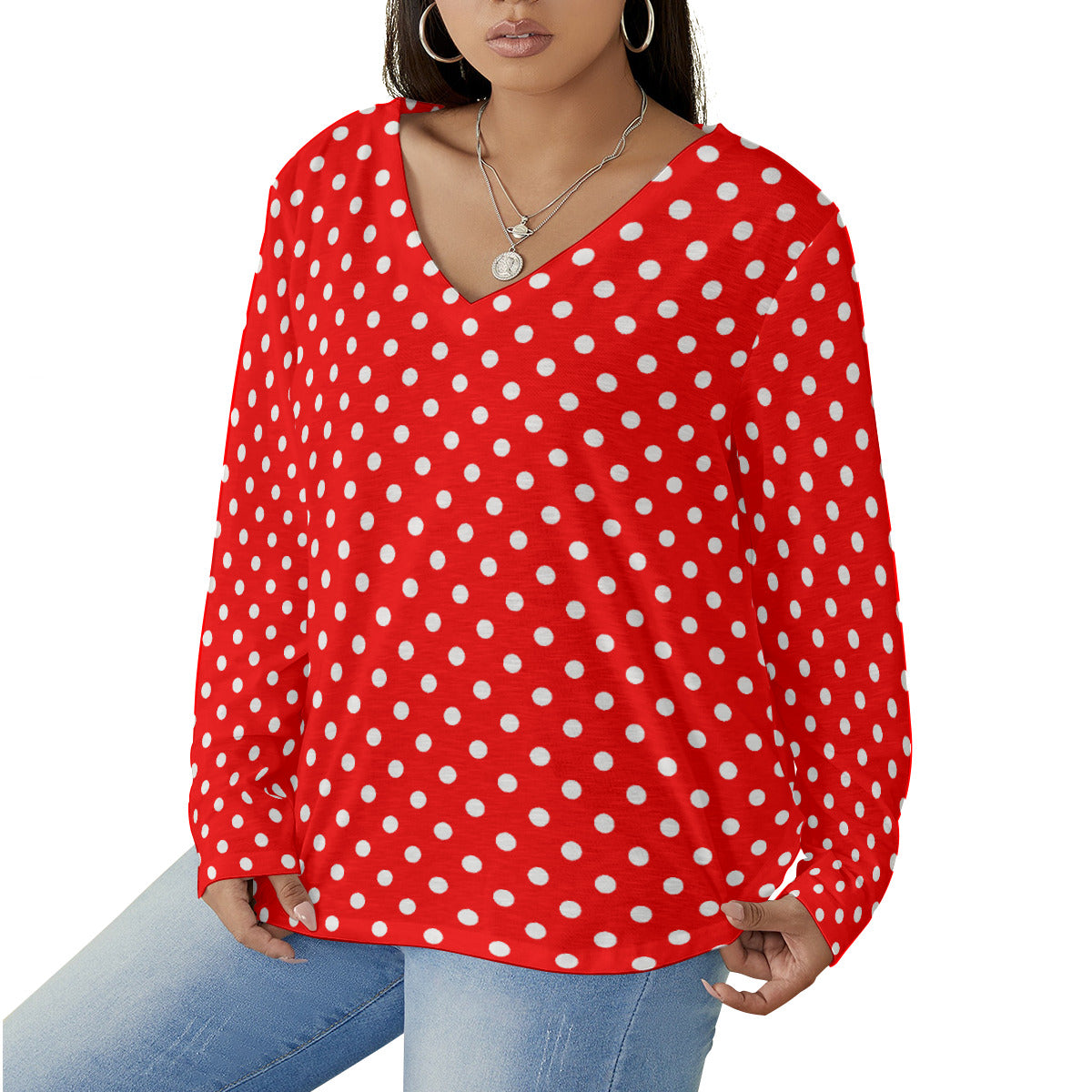 Red With White Polka Dots Women's Plus Size V-Neck T-Shirt With Curved Hem