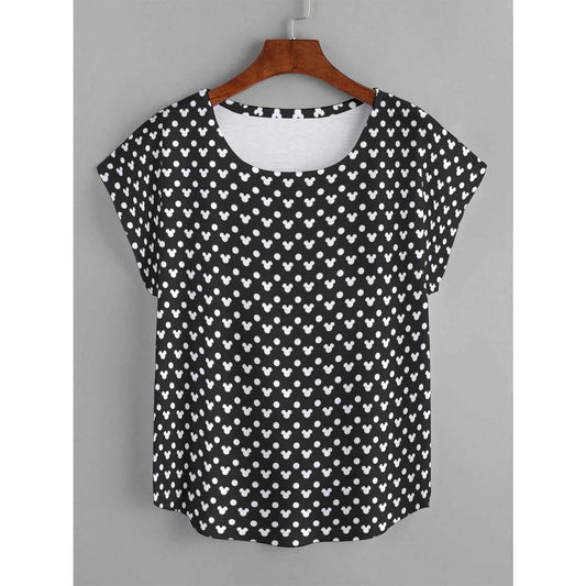 Black With White Mickey Polka Dots Plus Size Women's Curved Hem T-shirt