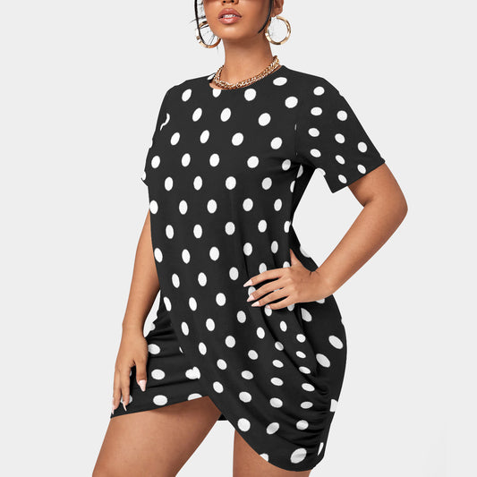 Black With White Polka Dots Women’s Plus Size Stacked Hem Dress With Short Sleeve