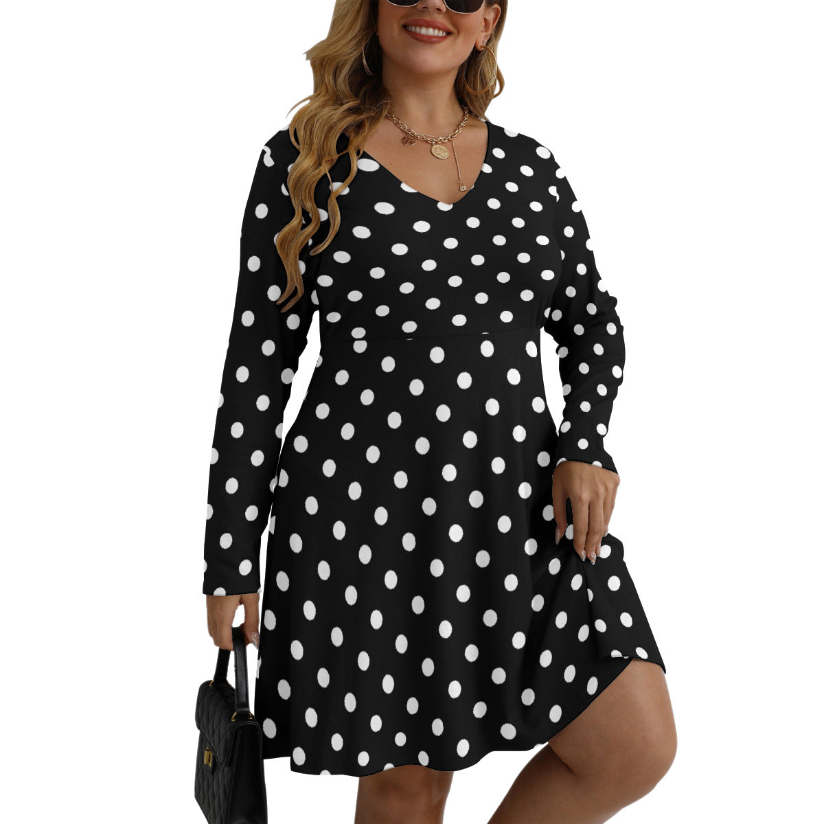 Black With White Polka Dots Plus Size Women's V-neck Long Sleeve Dress