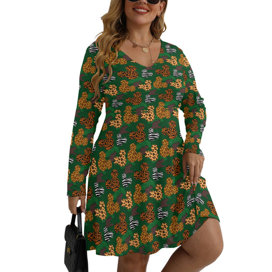 Animal Prints Plus Size Women's V-neck Long Sleeve Dress