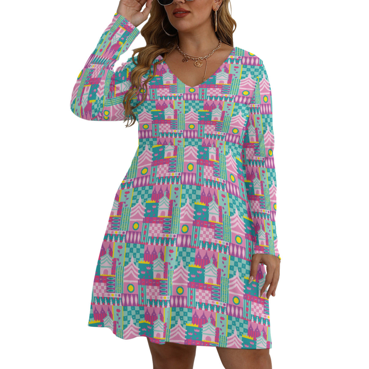 Small World Plus Size Women's V-neck Long Sleeve Dress