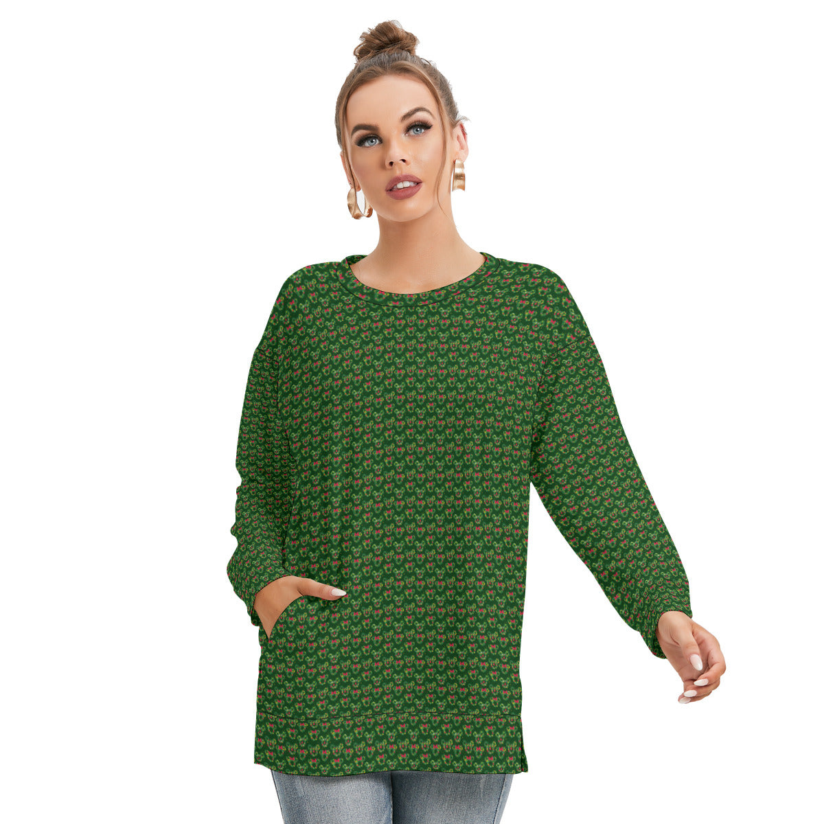 Christmas Wreaths Women's Side Split O-neck Sweatshirt With Pockets