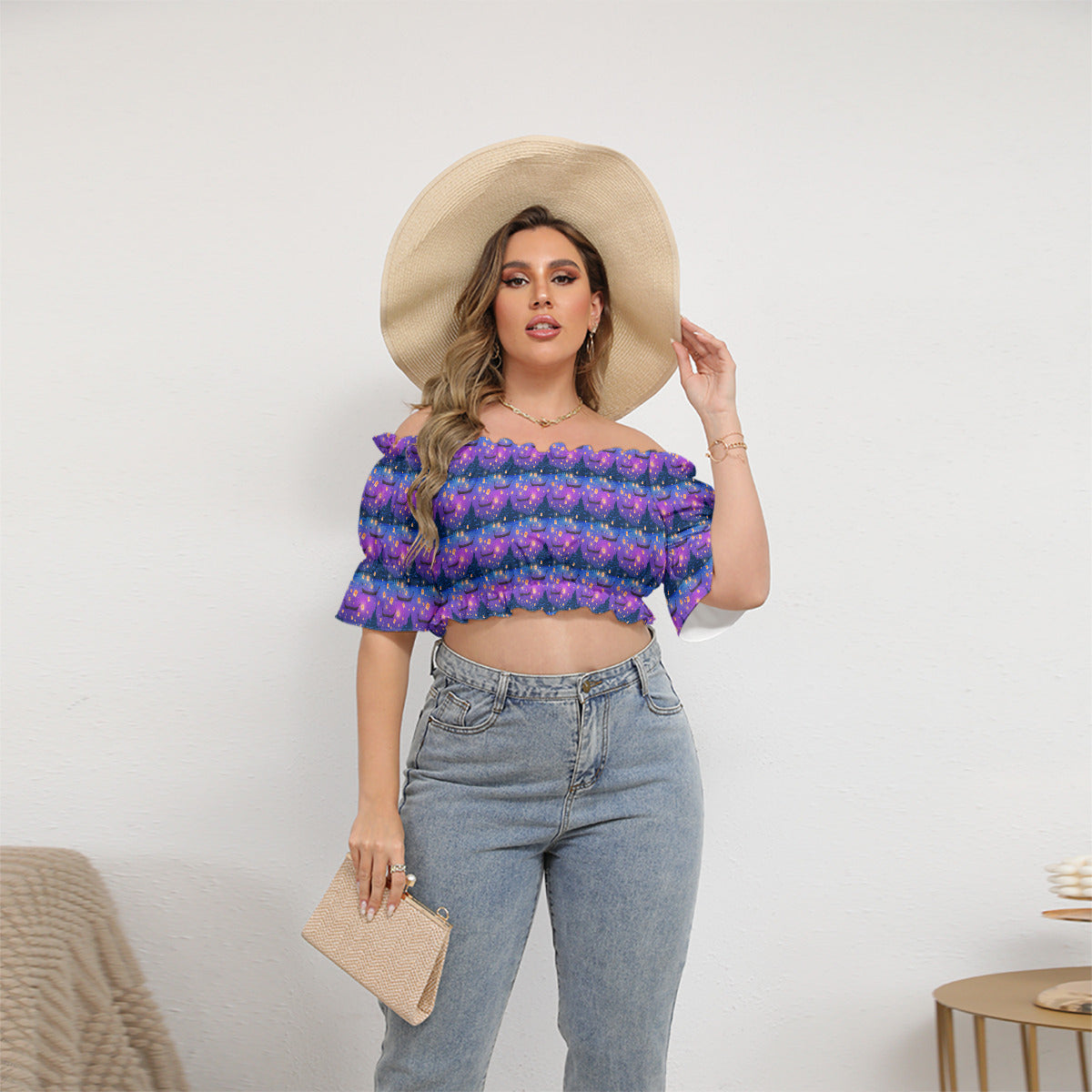 Floating Lanterns Women's Off-Shoulder Cropped Top With Short Puff Sleeve