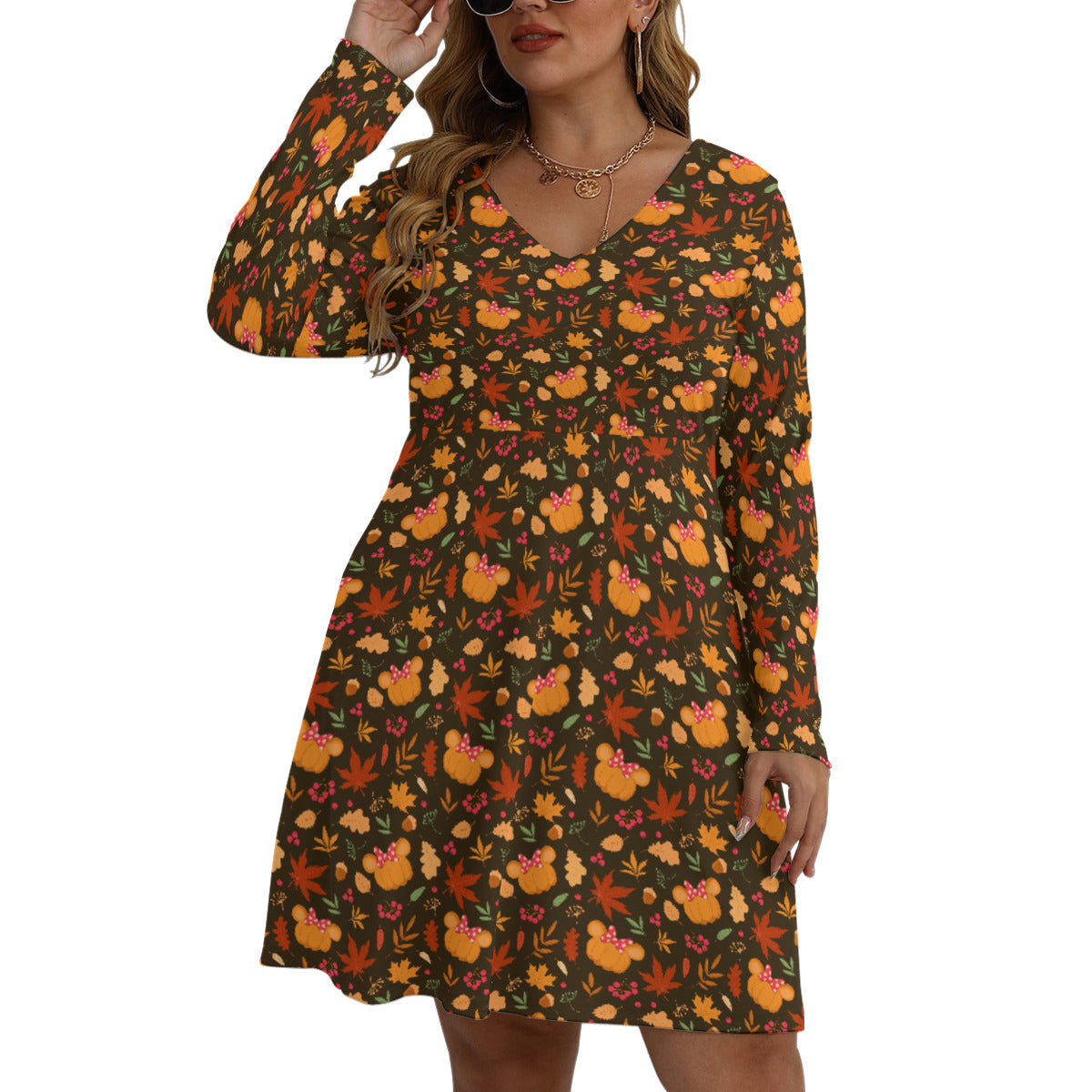 Fall Pumpkins Plus Size Women's V-neck Long Sleeve Dress