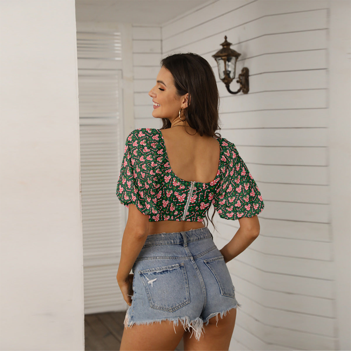 Christmas Peppermint Women's Square Collar Cropped Top With Puff Sleeve