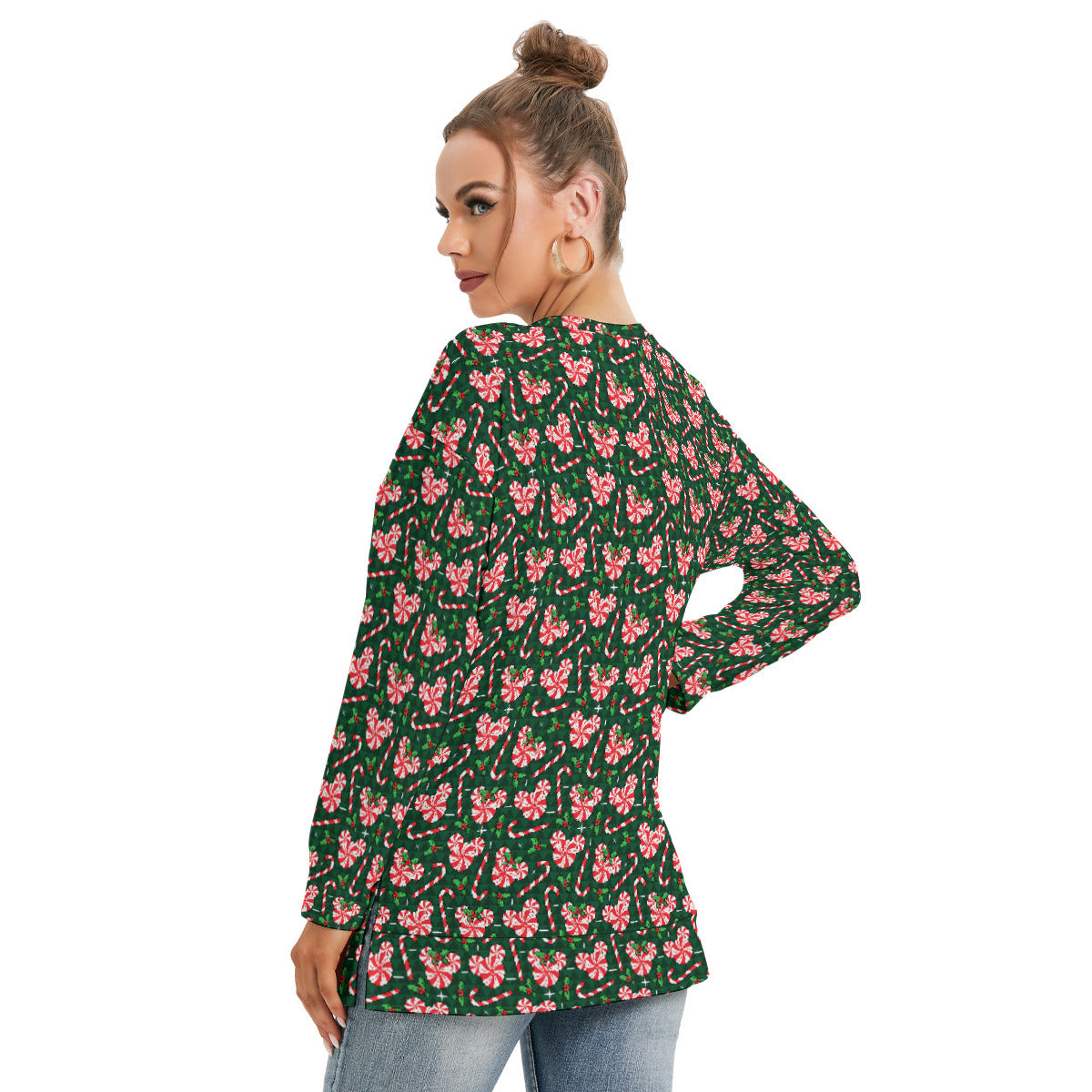 Christmas Peppermint Women's Side Split O-neck Sweatshirt With Pockets