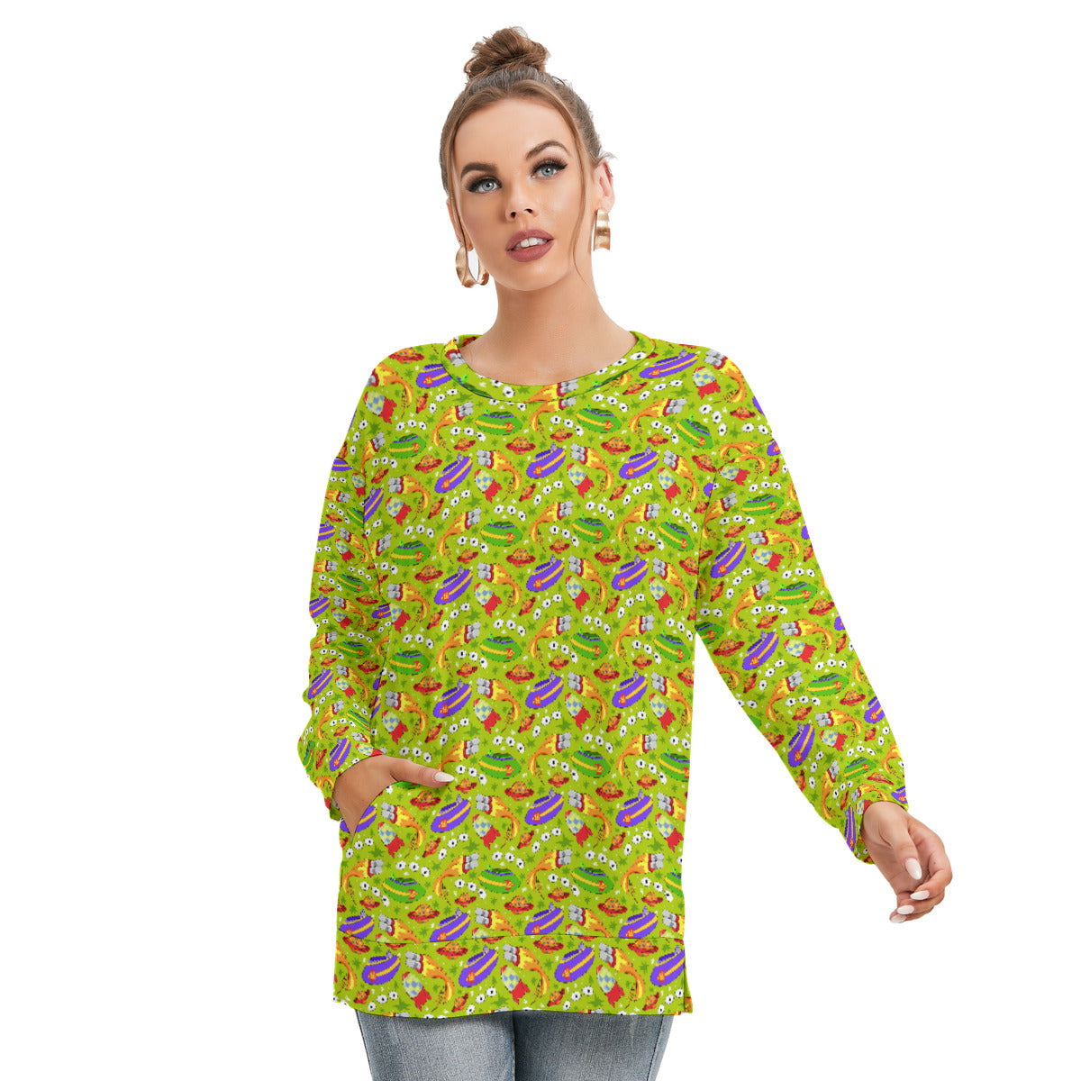 Aliens Women's Side Split O-neck Sweatshirt With Pockets