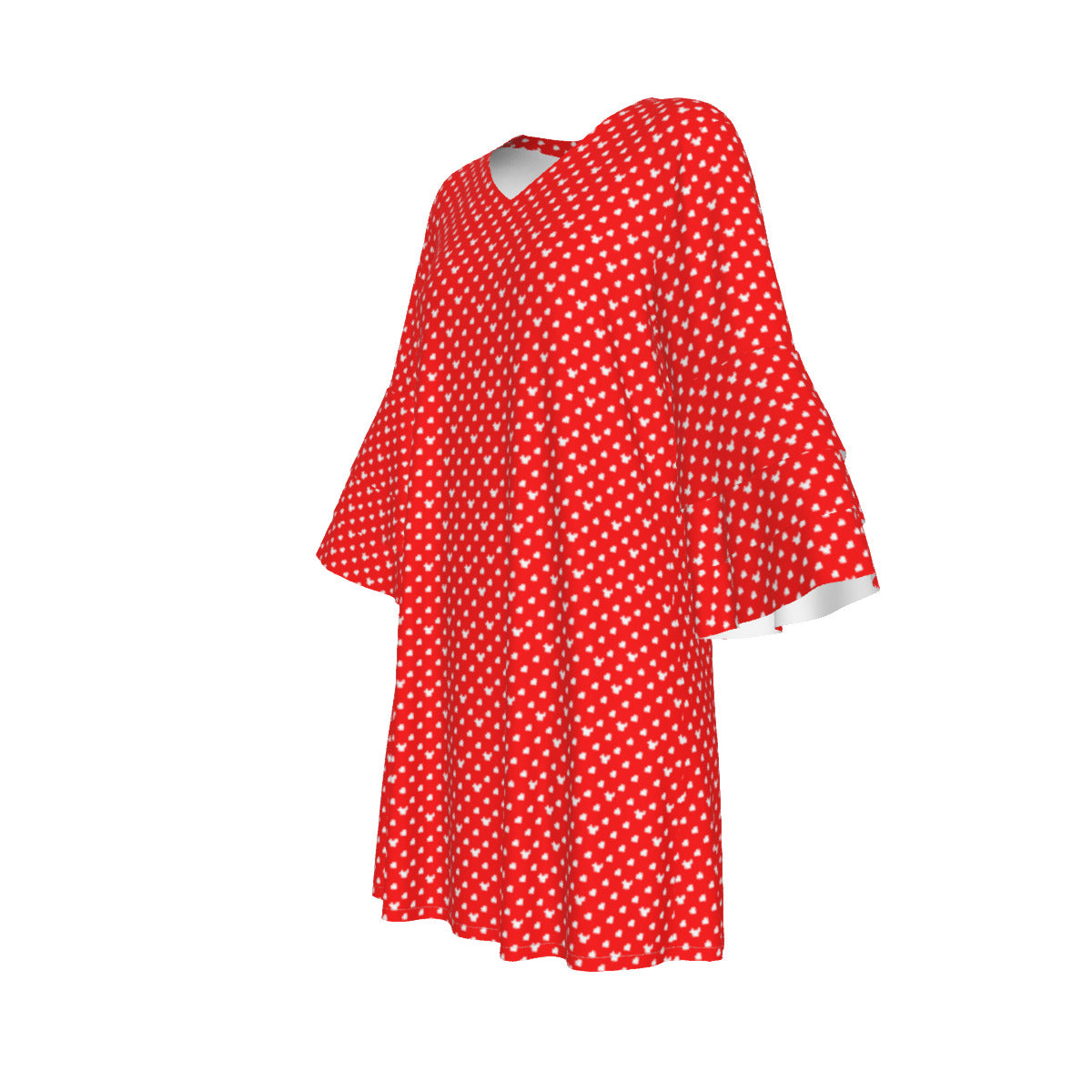 Red With White Mickey Polka Dots Women's Stacked Ruffle Sleeve Dress