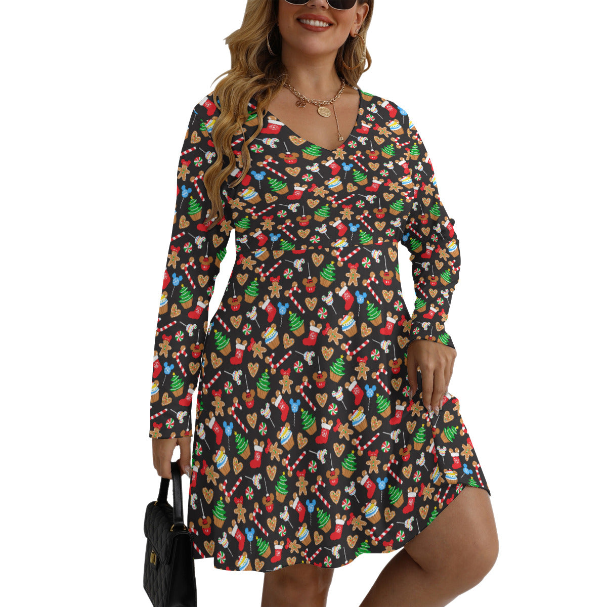 Christmas Snacks Plus Size Women's V-neck Long Sleeve Dress