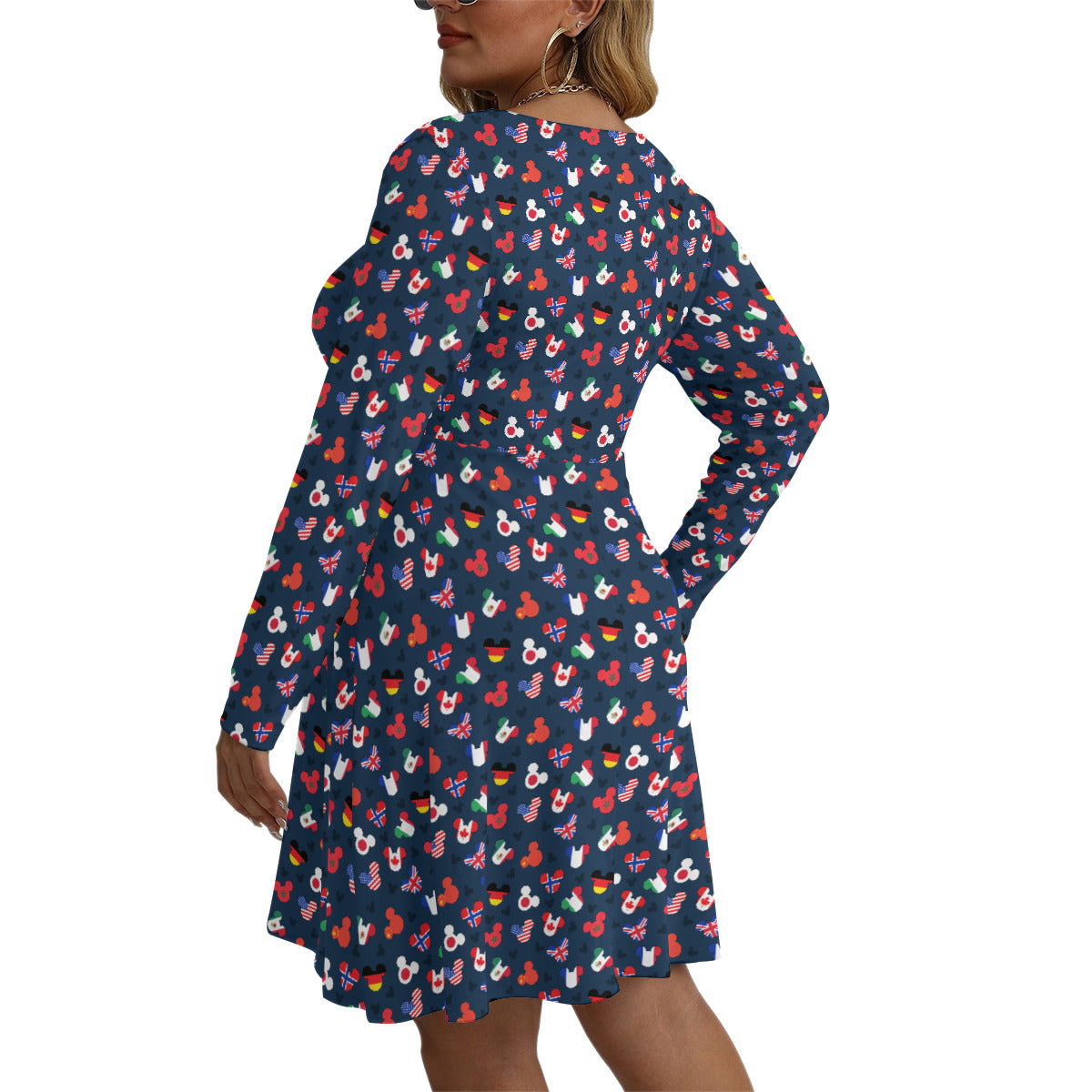 Mickey Flags Plus Size Women's V-neck Long Sleeve Dress