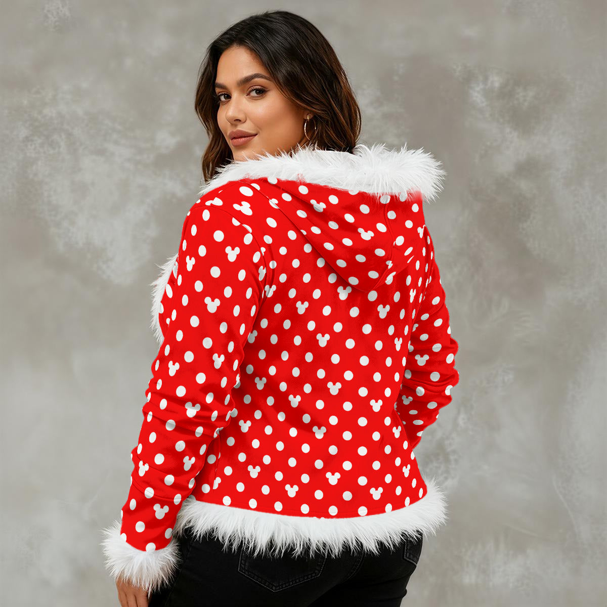 Red Wtih White Polka Dots Women's Faux Fur Trim Hooded Jacket